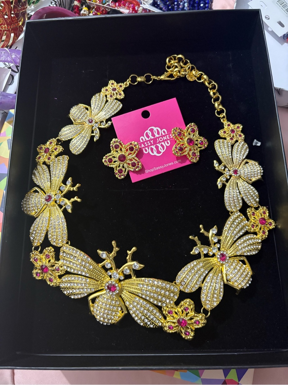 Sassy Jones Gold Butterfly Necklace with Pink Accents